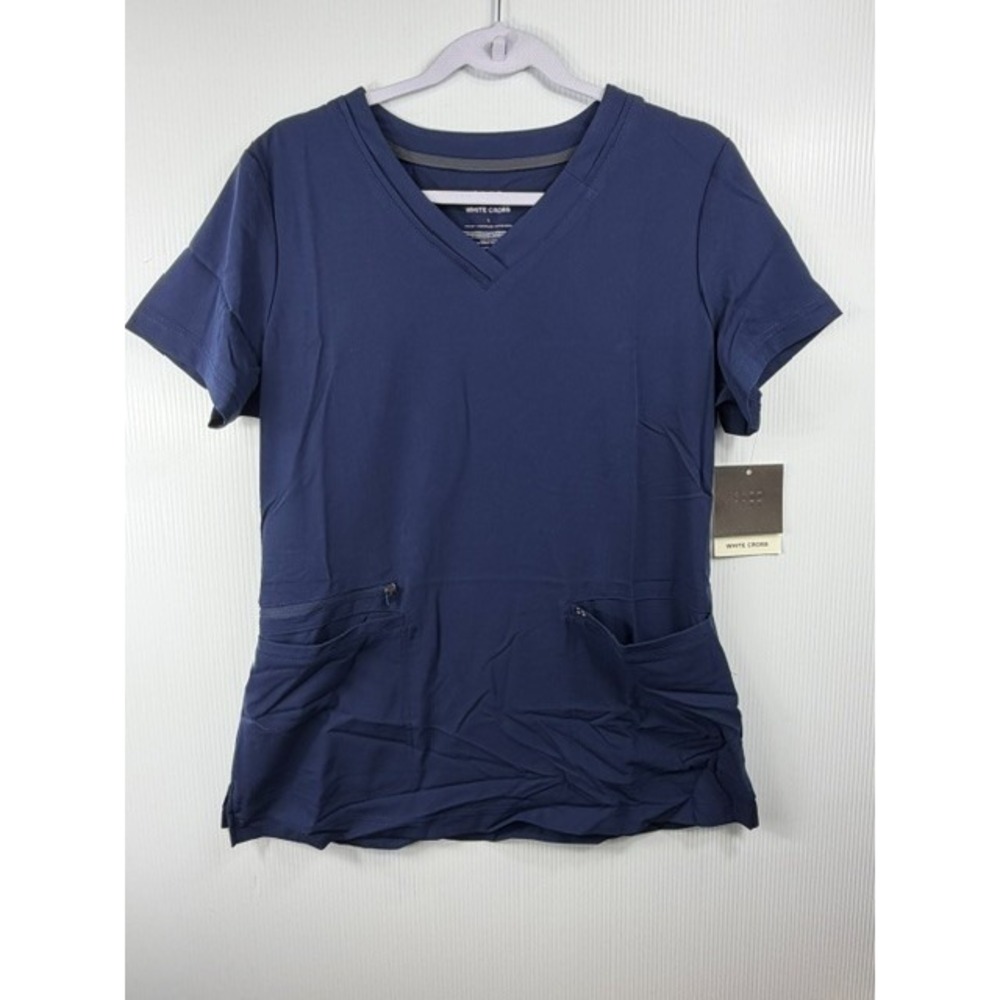 White Cross Scrub Top L Navy V-Neck Back Knit Side Panel Fluid Repellent Comfort